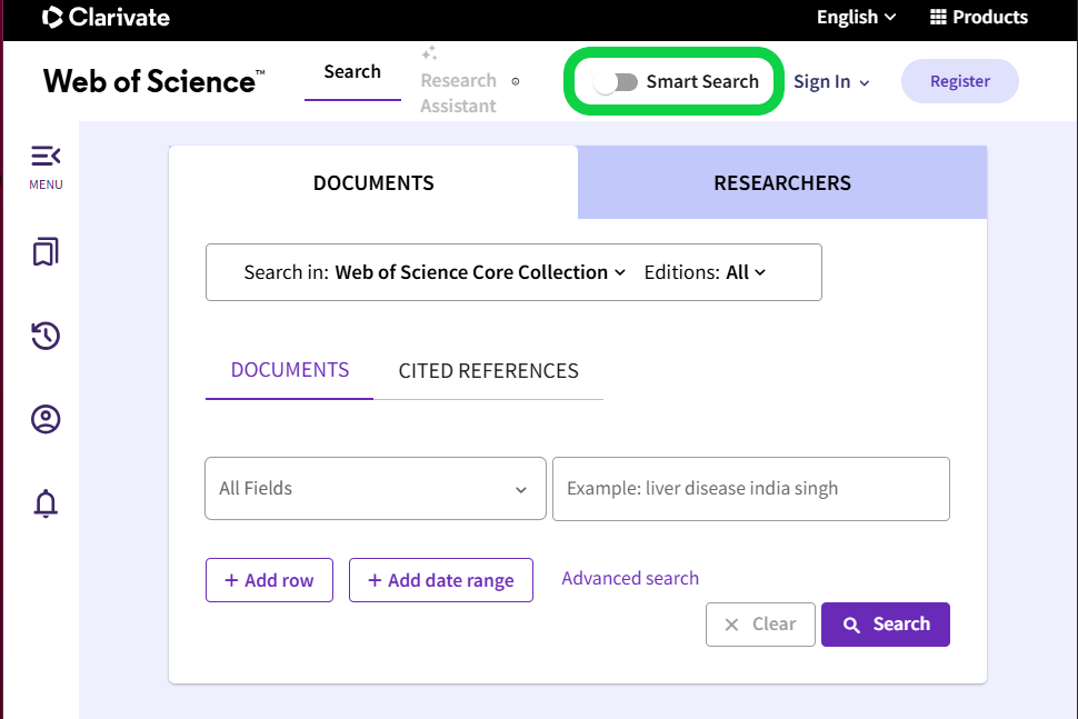 A screenshot of Web of Science Core Collection with Smart Search toggled off.
